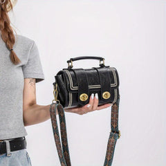 Vintage Square Small Bag Embroidery Turn Lock Handbag With Wide Strap
