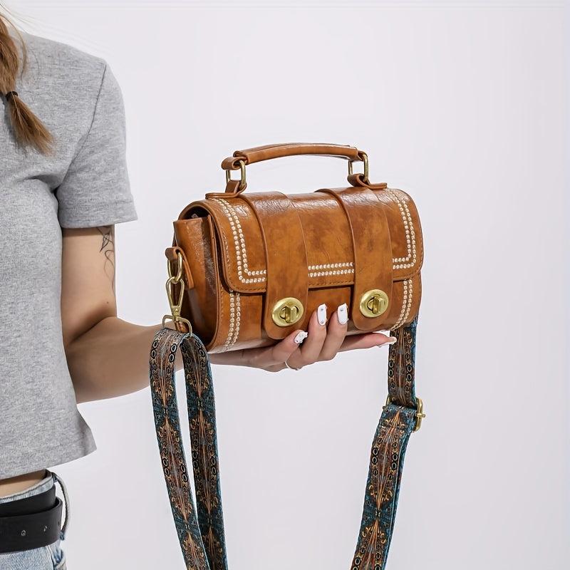 Vintage Square Small Bag Embroidery Turn Lock Handbag With Wide Strap