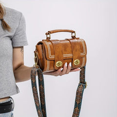 Vintage Square Small Bag Embroidery Turn Lock Handbag With Wide Strap