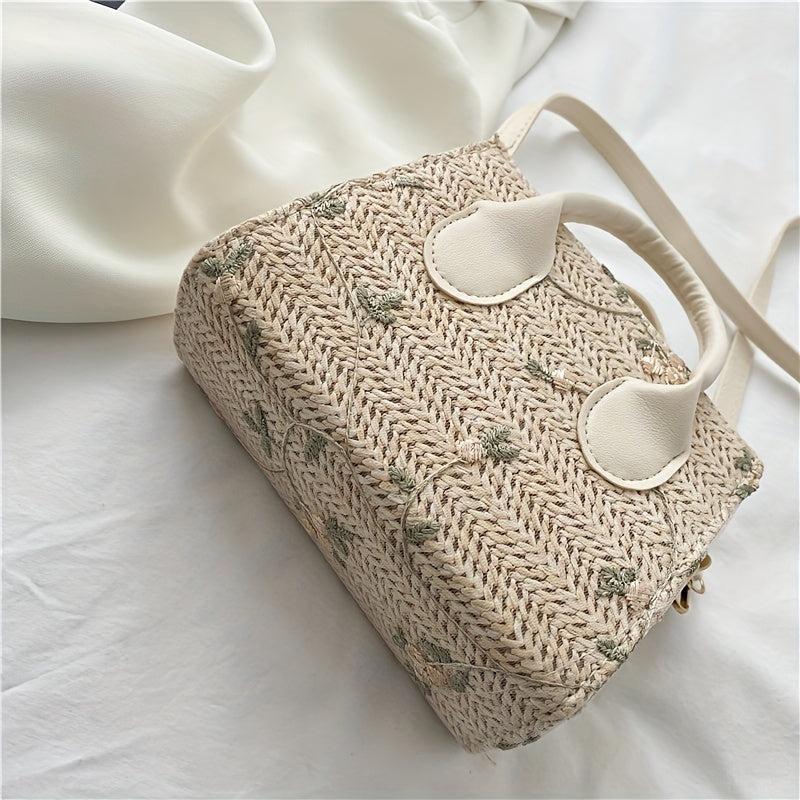 Flower Embroidered Straw Tote Bag Square Shoulder Bag
