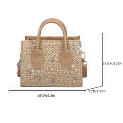 Flower Embroidered Straw Tote Bag Square Shoulder Bag