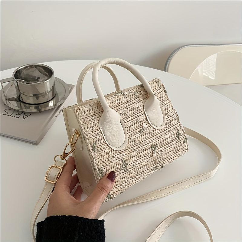 Flower Embroidered Straw Tote Bag Square Shoulder Bag