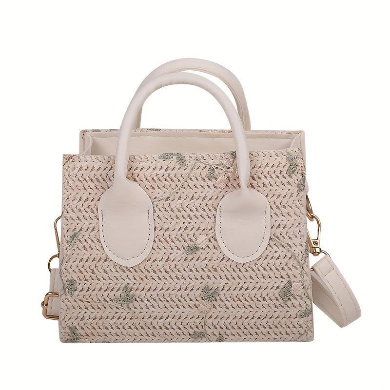 Flower Embroidered Straw Tote Bag Square Shoulder Bag
