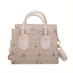 Flower Embroidered Straw Tote Bag Square Shoulder Bag