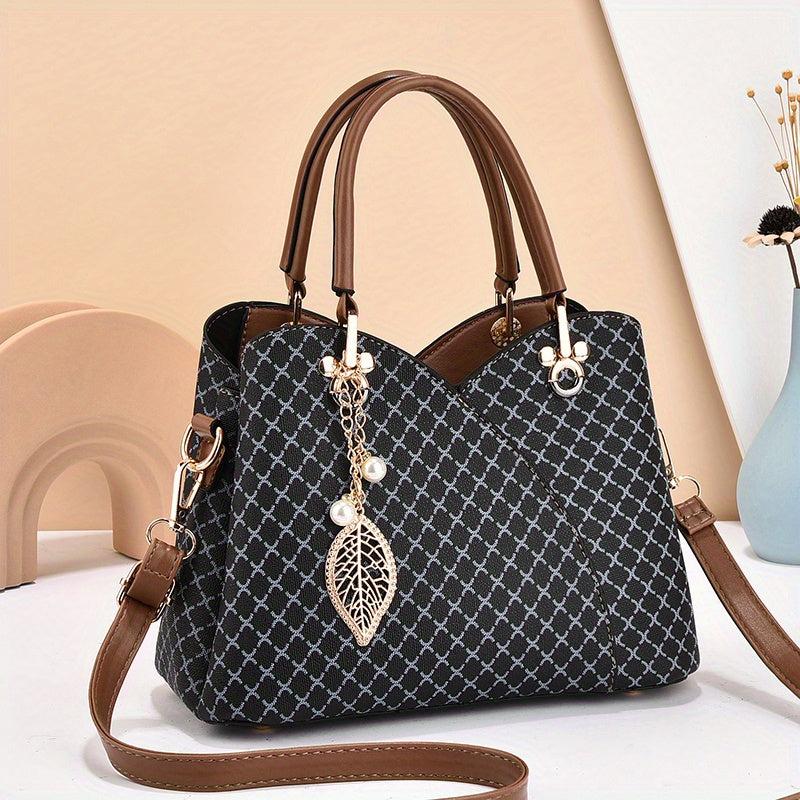 Vintage Satchel Bag with Metal Leaf Pendant