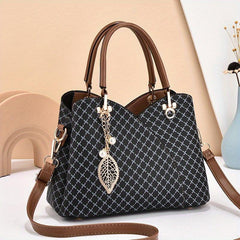 Vintage Satchel Bag with Metal Leaf Pendant
