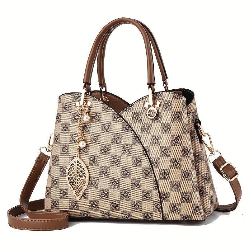 Vintage Satchel Bag with Metal Leaf Pendant