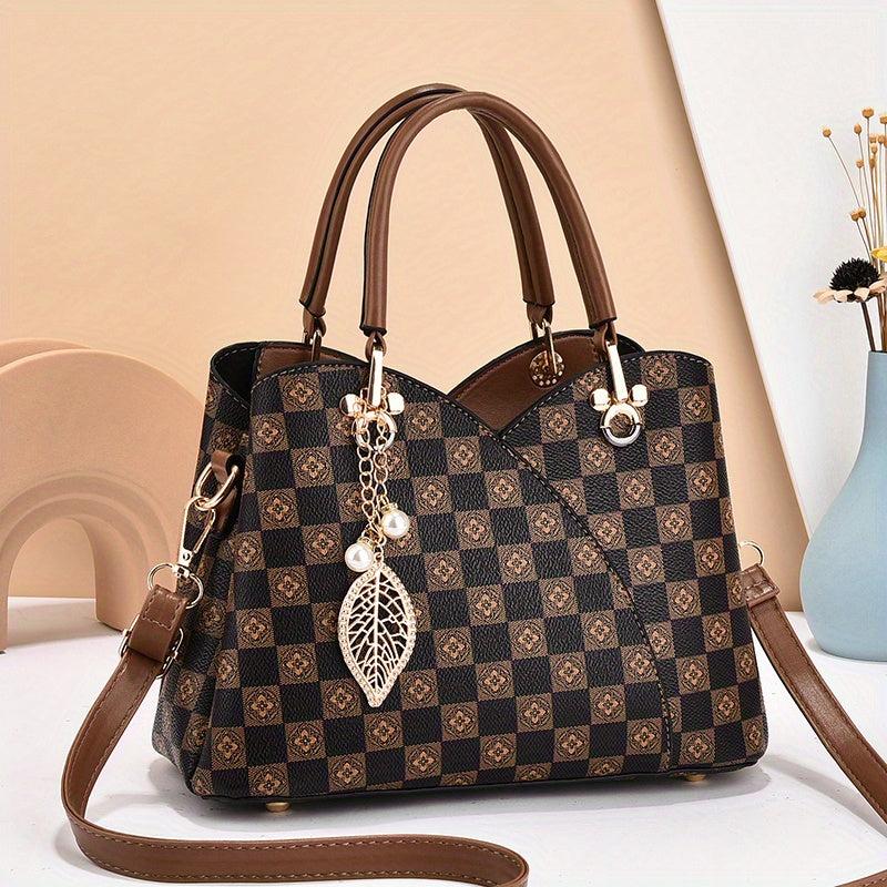 Vintage Satchel Bag with Metal Leaf Pendant