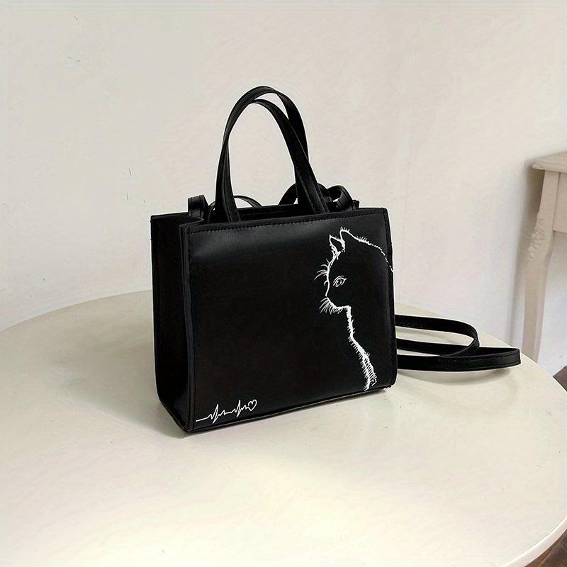 Cat Lines Tote Bag PU Leather Crossbody Satchel Purse
