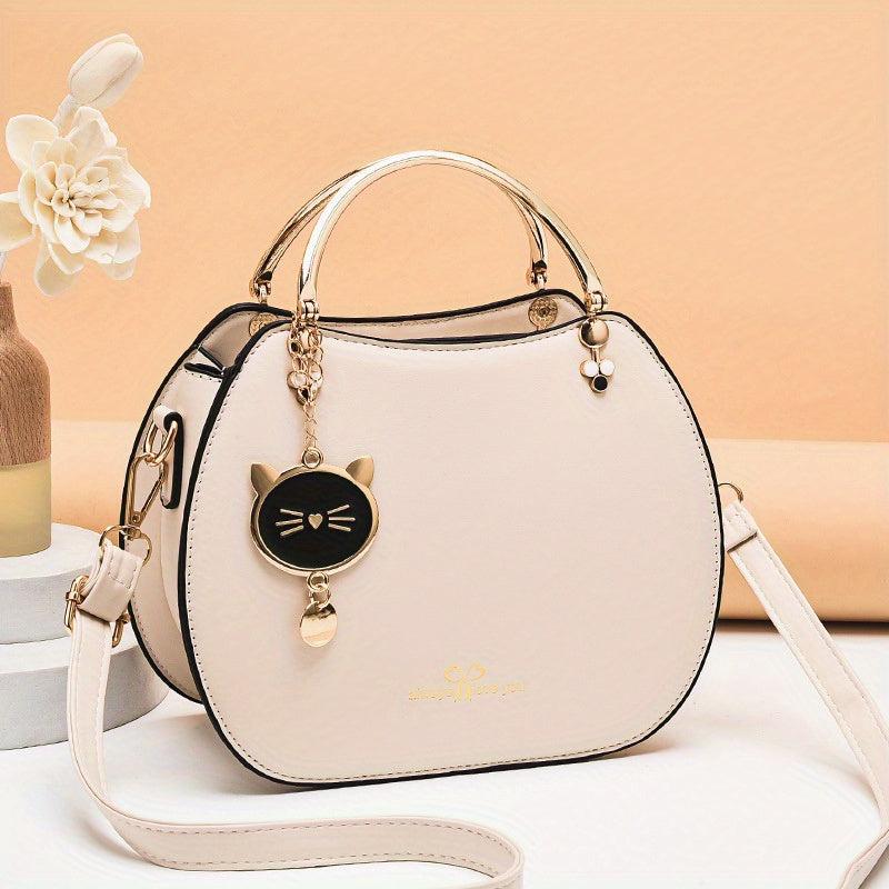 Cat Pendent Decor Durable Shoulder Bag PU Leather Tote Handbag