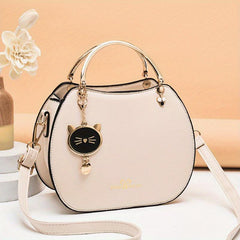 Cat Pendent Decor Durable Shoulder Bag PU Leather Tote Handbag