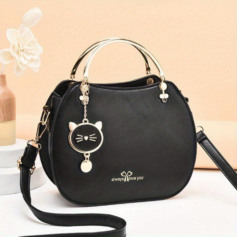 Cat Pendent Decor Durable Shoulder Bag PU Leather Tote Handbag