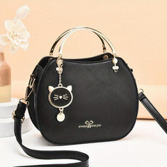 Cat Pendent Decor Durable Shoulder Bag PU Leather Tote Handbag