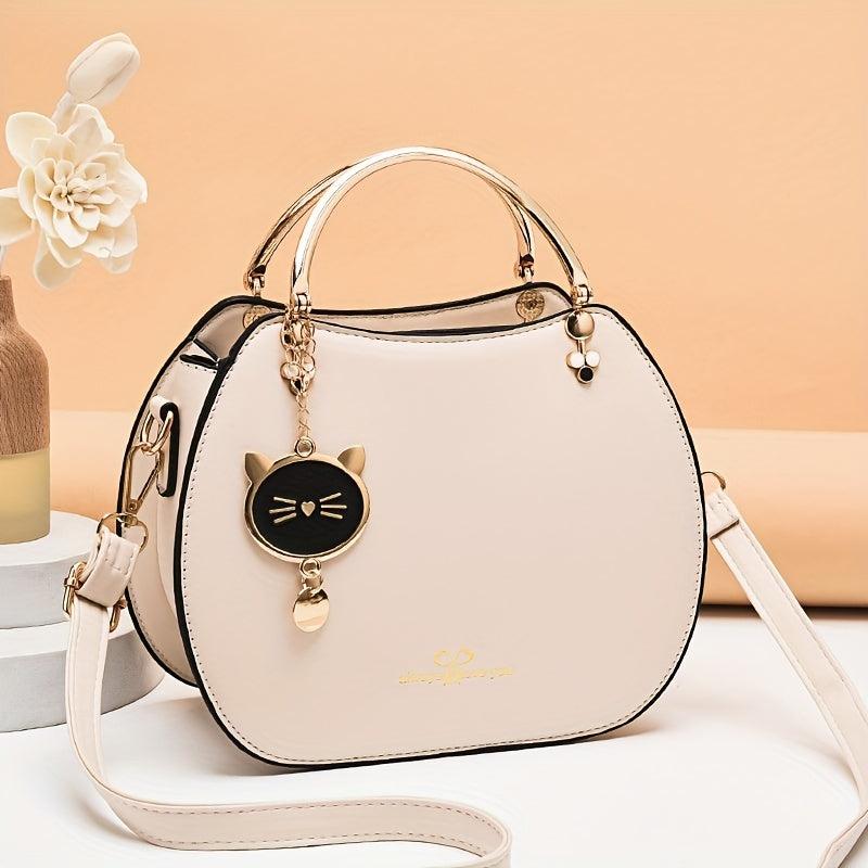 Cat Pendent Decor Durable Shoulder Bag PU Leather Tote Handbag
