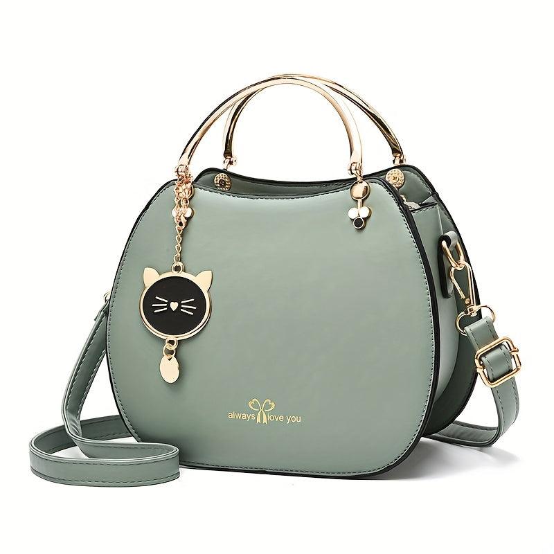 Cat Pendent Decor Durable Shoulder Bag PU Leather Tote Handbag