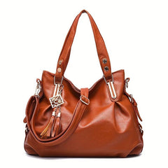 Tassel Decor Hand Bag Large Capacity Soft Leather Shoulder Bag