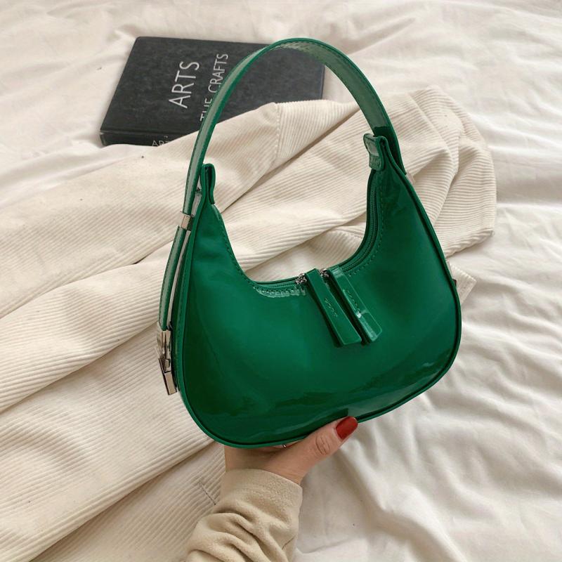 Minimalist Hobo Bag Women's Glossy Shoulder Bag PU Hand Held Crescent Purse