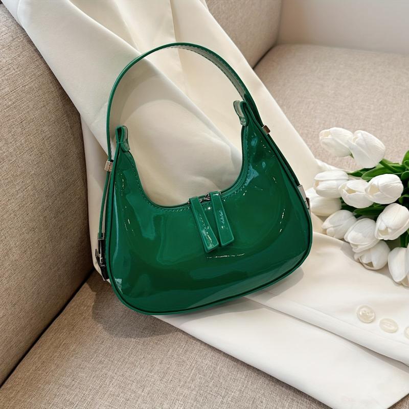 Minimalist Hobo Bag Women's Glossy Shoulder Bag PU Hand Held Crescent Purse