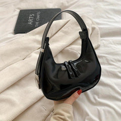 Minimalist Hobo Bag Women's Glossy Shoulder Bag PU Hand Held Crescent Purse