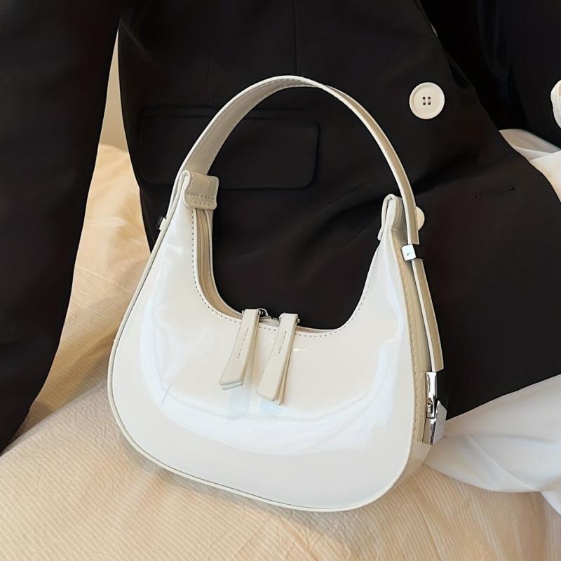 Minimalist Hobo Bag Women's Glossy Shoulder Bag PU Hand Held Crescent Purse