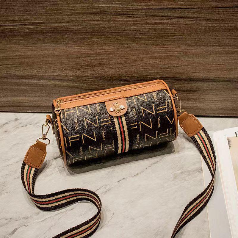 Letter Graphic Bucket Bag Striped Belt Crossbody Bag
