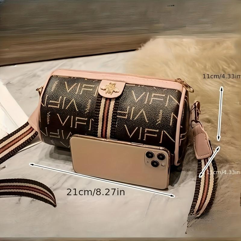 Letter Graphic Bucket Bag Striped Belt Crossbody Bag