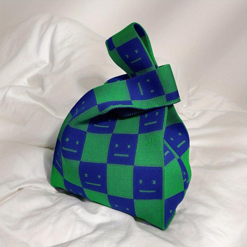 Plaid Pattern Knitted Handbag Top Handle Wrist Bag