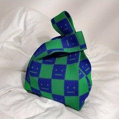 Plaid Pattern Knitted Handbag Top Handle Wrist Bag