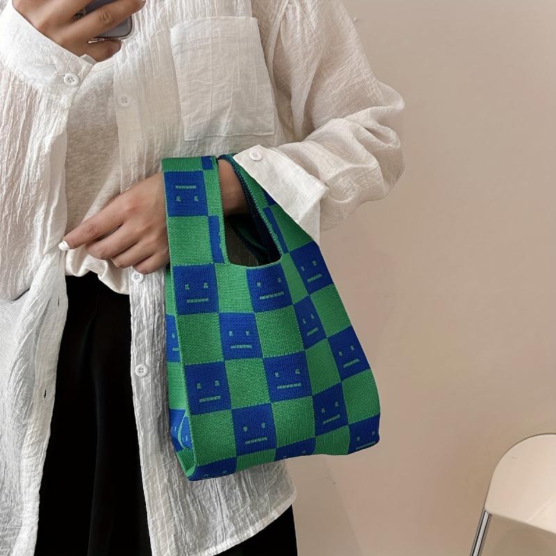 Plaid Pattern Knitted Handbag Top Handle Wrist Bag