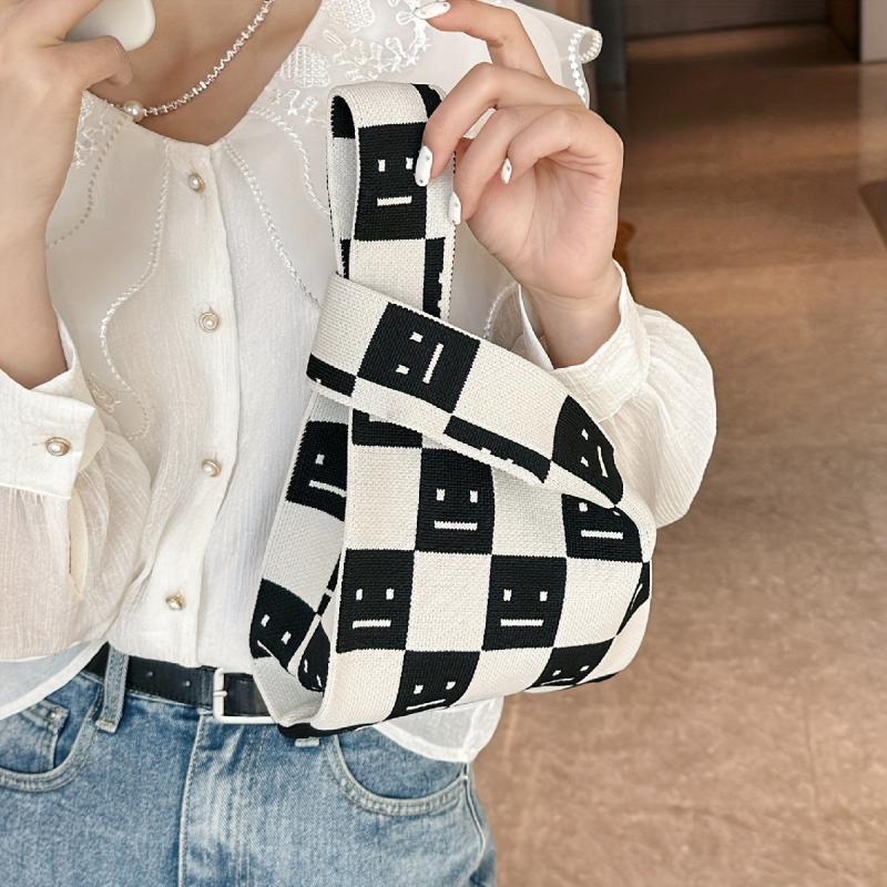 Plaid Pattern Knitted Handbag Top Handle Wrist Bag