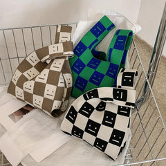 Plaid Pattern Knitted Handbag Top Handle Wrist Bag