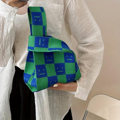 Plaid Pattern Knitted Handbag Top Handle Wrist Bag