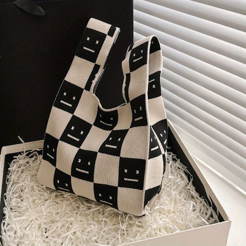 Plaid Pattern Knitted Handbag Top Handle Wrist Bag