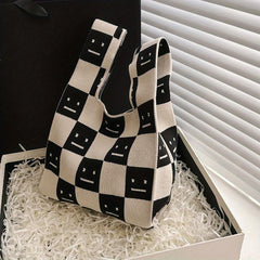 Plaid Pattern Knitted Handbag Top Handle Wrist Bag