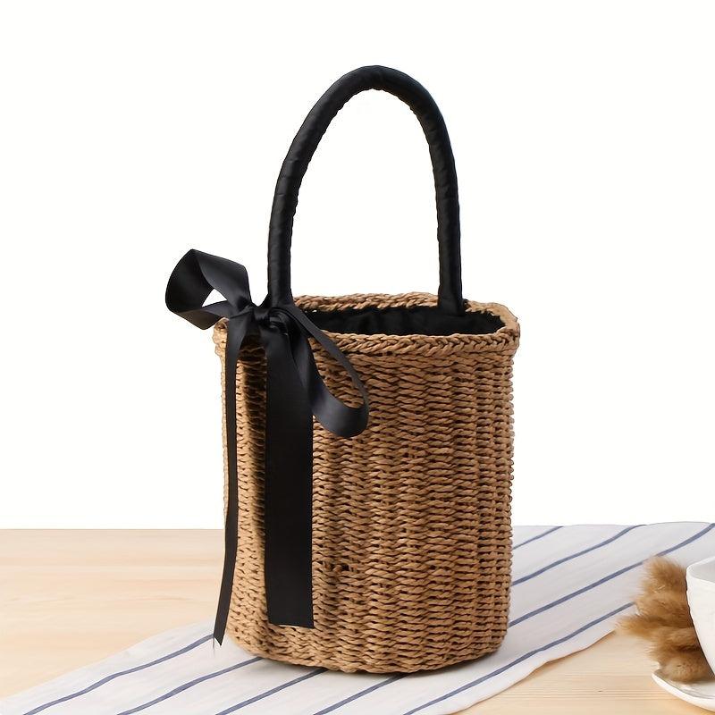 Woven Straw Portable Handbag Ribbon Decor Beach Bag Vacation Style