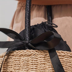 Woven Straw Portable Handbag Ribbon Decor Beach Bag Vacation Style