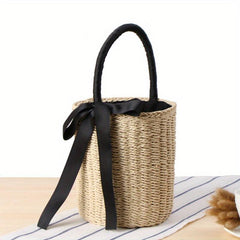 Woven Straw Portable Handbag Ribbon Decor Beach Bag Vacation Style