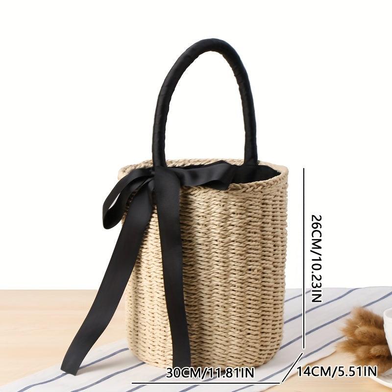 Woven Straw Portable Handbag Ribbon Decor Beach Bag Vacation Style