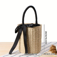 Woven Straw Portable Handbag Ribbon Decor Beach Bag Vacation Style