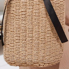 Woven Straw Portable Handbag Ribbon Decor Beach Bag Vacation Style