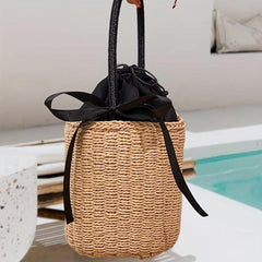Woven Straw Portable Handbag Ribbon Decor Beach Bag Vacation Style