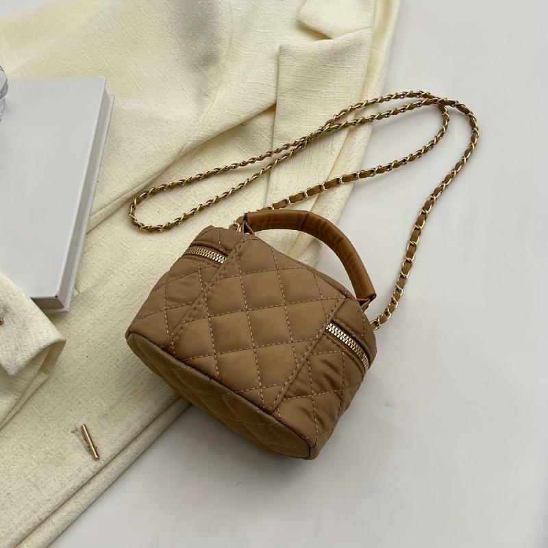 Mini Argyle Quilted Bucket Bag Double Zipper Purse