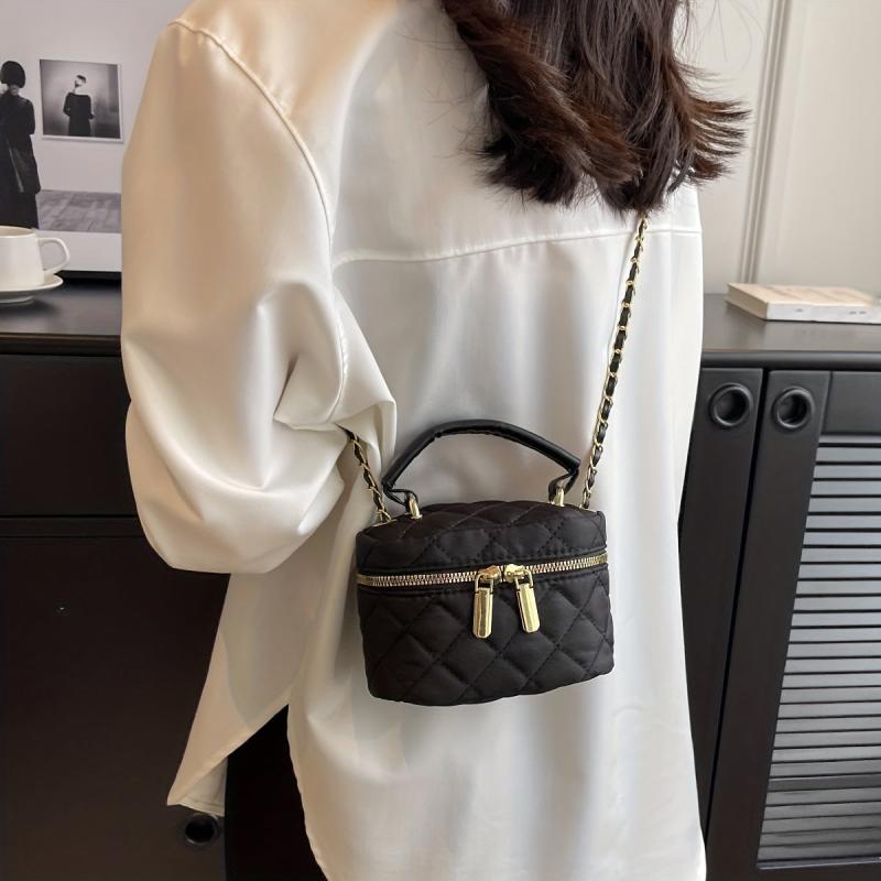 Mini Argyle Quilted Bucket Bag Double Zipper Purse