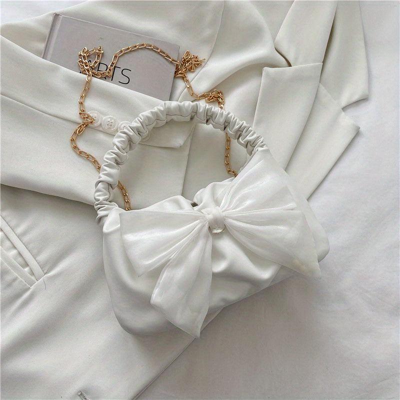 Bow Decor Shoulder Bag Ruched Handle Crossbody Bag