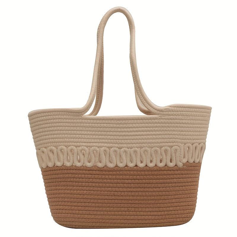 Large Capacity Woven Straw Handbag Slouchy Weaving Beach Bag French Style