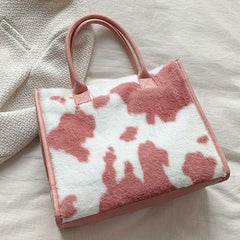 Plush Cow Pattern Tote Bag Women's Large Capacity Satchel Bag