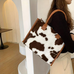 Plush Cow Pattern Tote Bag Women's Large Capacity Satchel Bag