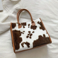 Plush Cow Pattern Tote Bag Women's Large Capacity Satchel Bag