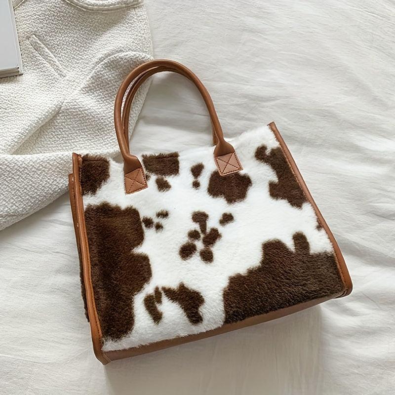 Plush Cow Pattern Tote Bag Women's Large Capacity Satchel Bag