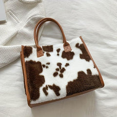 Plush Cow Pattern Tote Bag Women's Large Capacity Satchel Bag